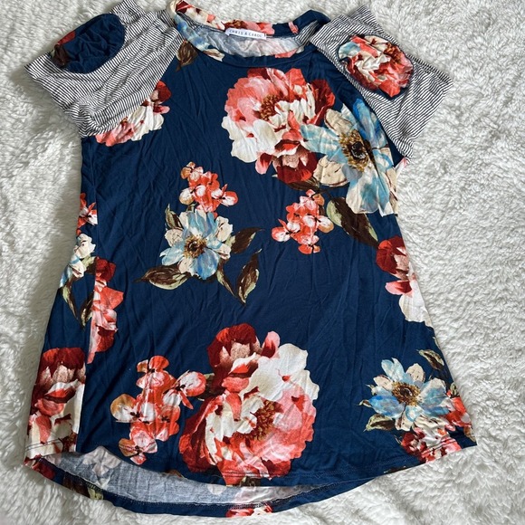 Chris & Carol Tops - Chris & Carol Floral & Striped Raglan‎ Top Women's Large L Navy Pink Made in USA